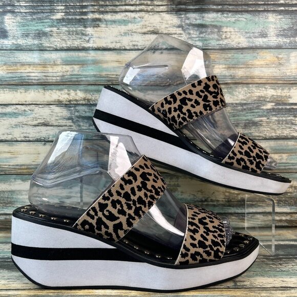 Cecelia NY Slide Sandals Brown Leopard Fabric Wedge Heel Studs Dress Casual 8.5M - Picture 1 of 12